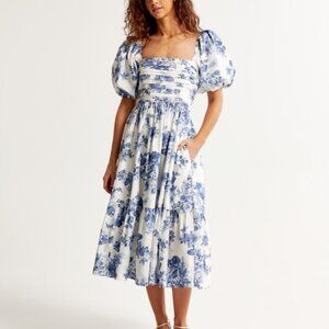 NWT Abercrombie & Finch Blue White Floral Emerson Midi Dress - Size Small